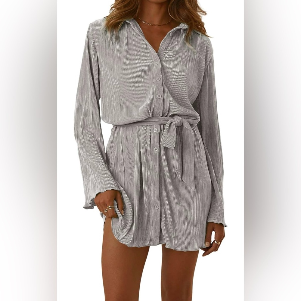 Silver Button-Up Dress with Tie Waist